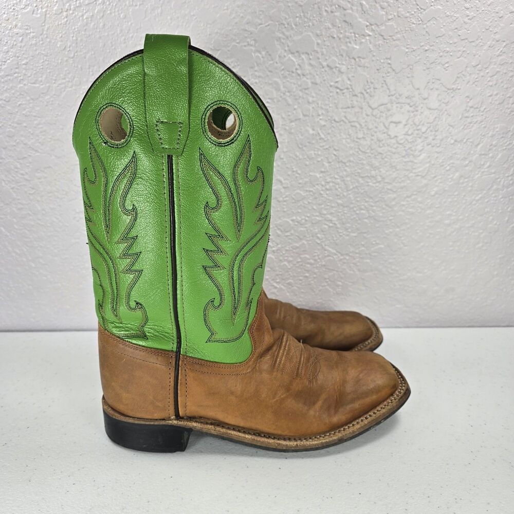 Old West Buckaroo Boots Kids 4.5 Green Brown Leather Square Toe Western Cowgirl